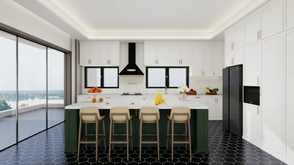 Classical kitchen with dark island, painted frames, steel-framed glazing (KT-04)