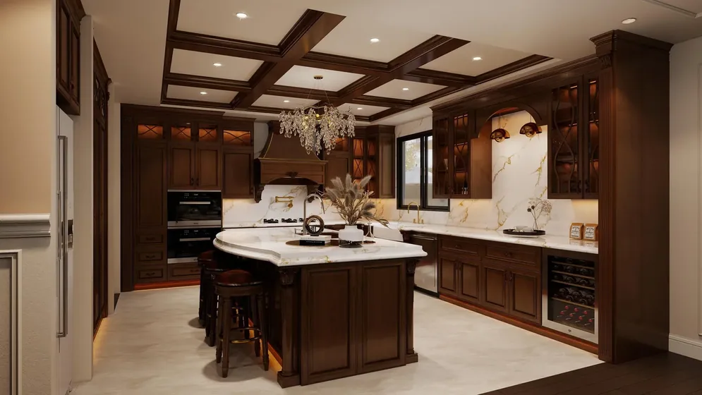 Traditional kitchen in mahogany, solid timber frames, coffered ceiling (KT-06)