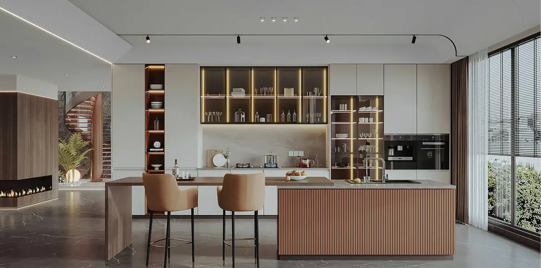 Fluted island kitchen, walnut veneer, fluted island front (KT-08)