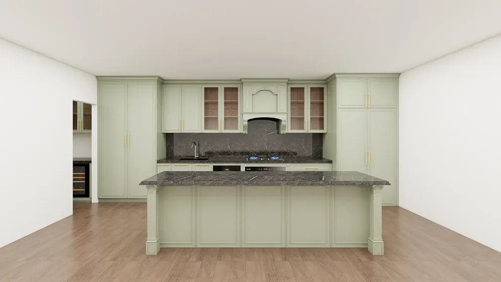 Framed kitchen in celadon, painted frames, dark stone worktop (KT-05)