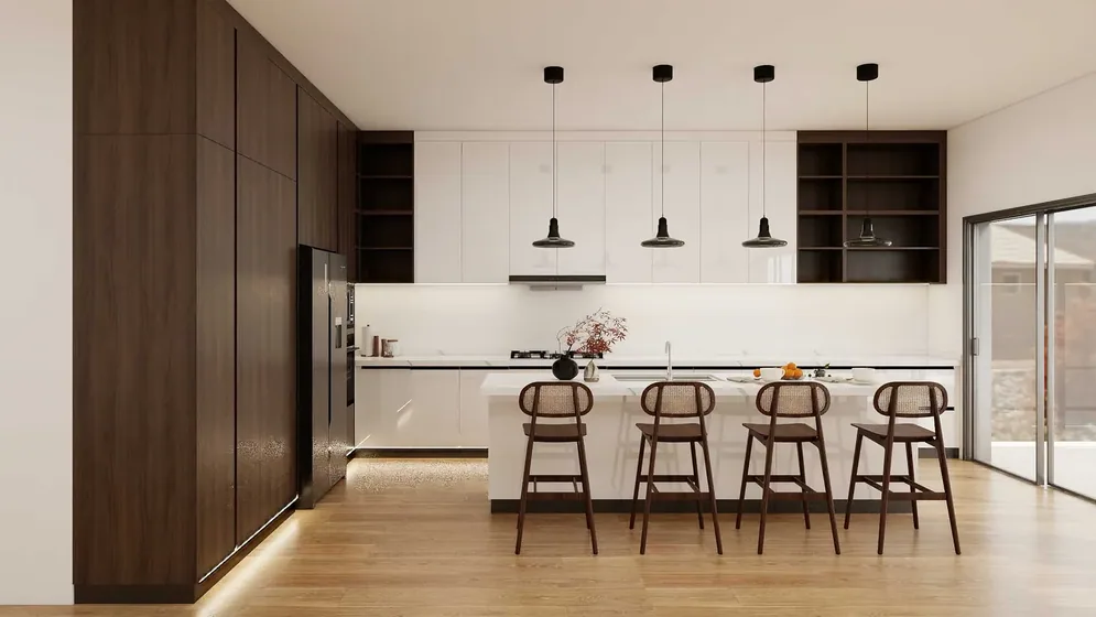Walnut and white kitchen, walnut tall units, painted base (KT-12)