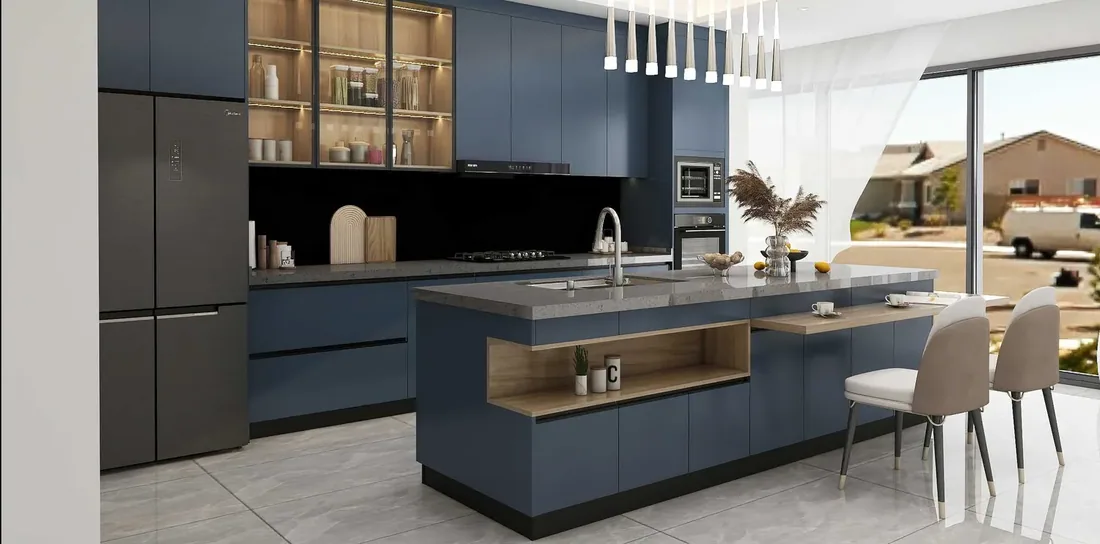 Navy island kitchen, lacquer island, graphite tall units (KT-13)
