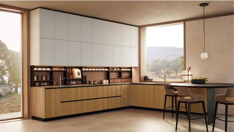 Oak L-shape kitchen, oak veneer, painted uppers (KT-14)