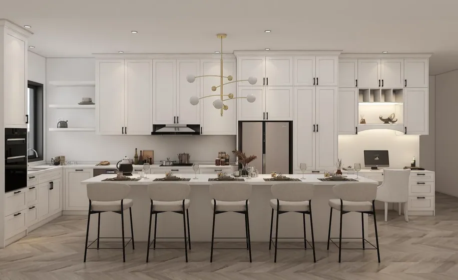 Classical kitchen in white, painted frames, brass hardware, stone island (KT-02)