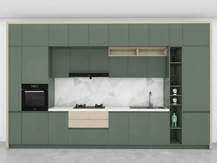 Slab galley in sage, matt lacquer, stone splashback (KT-15)