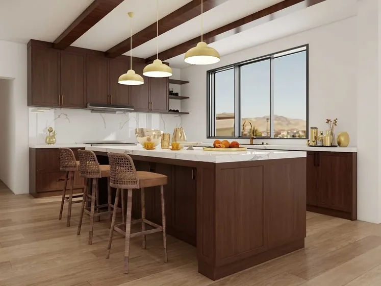 Walnut island kitchen, walnut veneer, stone worktop (KT-17)