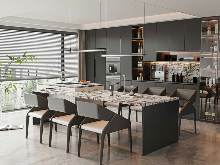 Graphite kitchen with dining island, matt lacquer, extended island (KT-18)