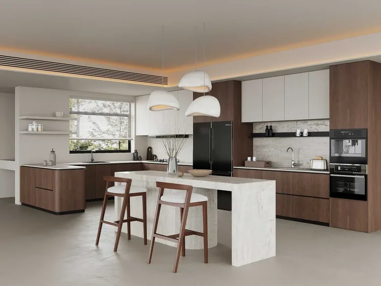 Oak and marble island kitchen, oak veneer, marble waterfall island (KT-20)