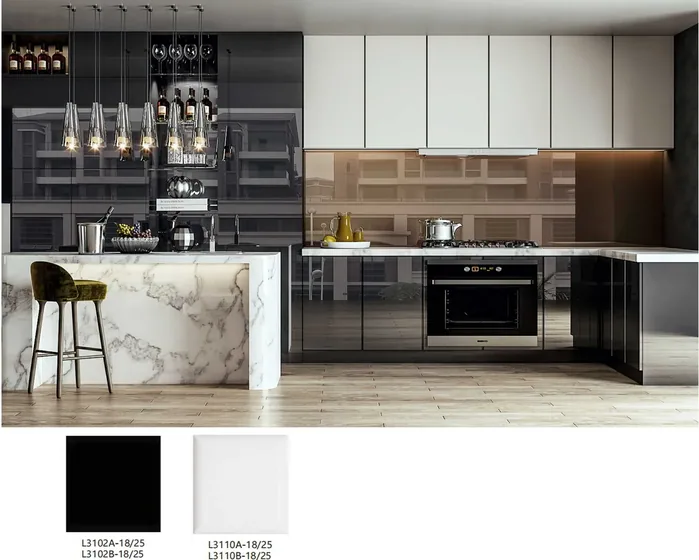 High-gloss kitchen with marble island, gloss lacquer, marble island (KT-21)