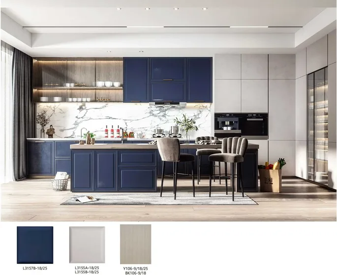 Navy framed kitchen, painted frames, marble splashback (KT-23)