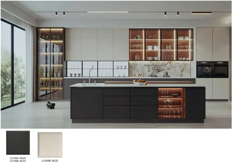 Kitchen with copper display cabinetry, bronze-tinted glass, graphite island (KT-24)