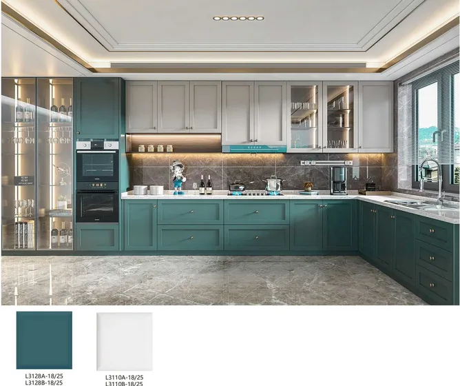 Framed kitchen in teal, painted frames, lit glass uppers (KT-25)
