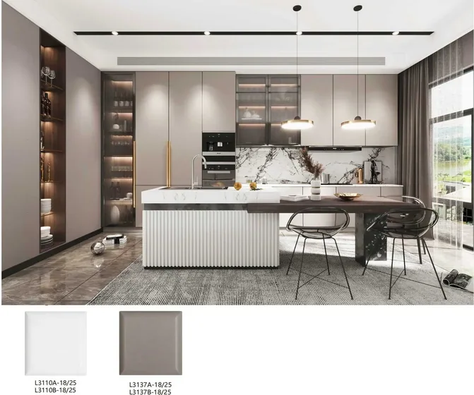 Fluted island kitchen in stone, fluted island, stone worktop (KT-26)