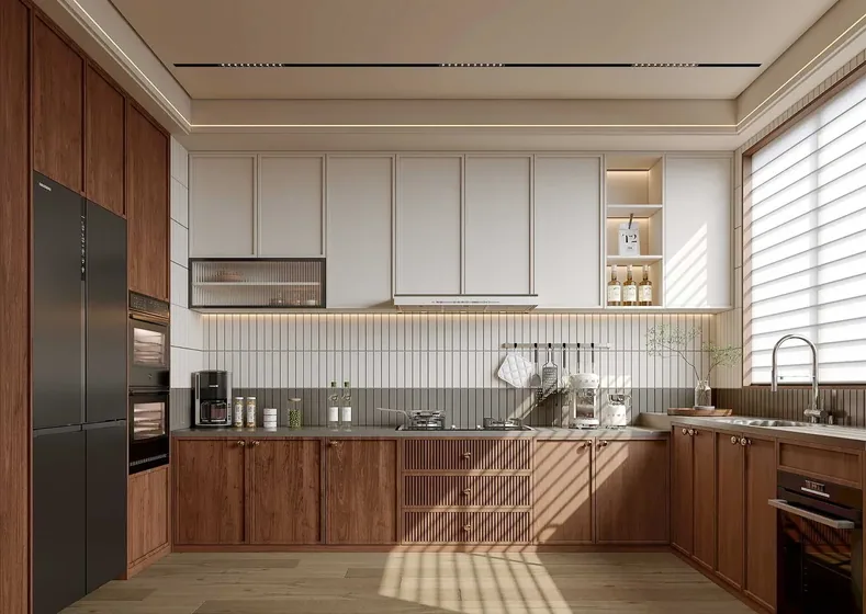 Walnut and cream kitchen, walnut base units, reeded splashback (KT-27)
