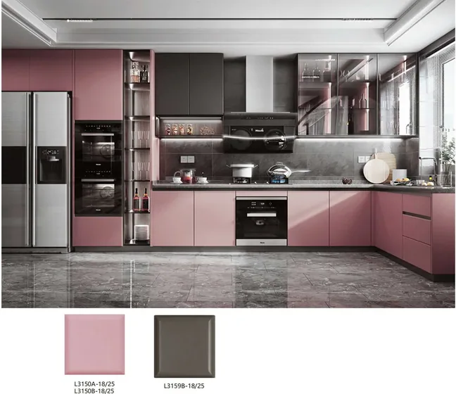 Kitchen in rose with graphite units, lacquer fronts, graphite tall units (KT-28)