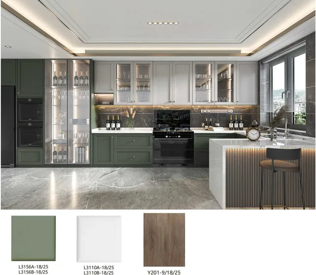 Sage kitchen with fluted island, painted fronts, fluted island (KT-29)