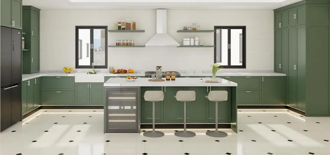 Framed kitchen in forest green, painted frames, integrated tall units (KT-03)