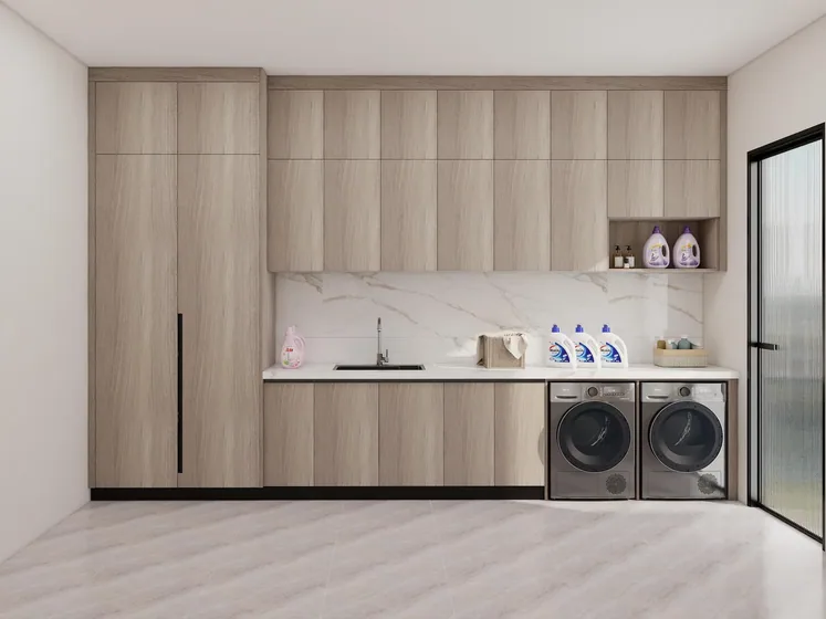 Full-height utility wall in oak, veneered fronts, integrated bench (LD-01)