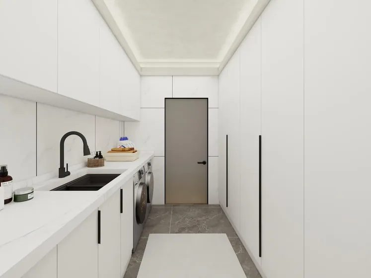 Galley laundry in white, painted fronts, stone top, tall storage (LD-02)