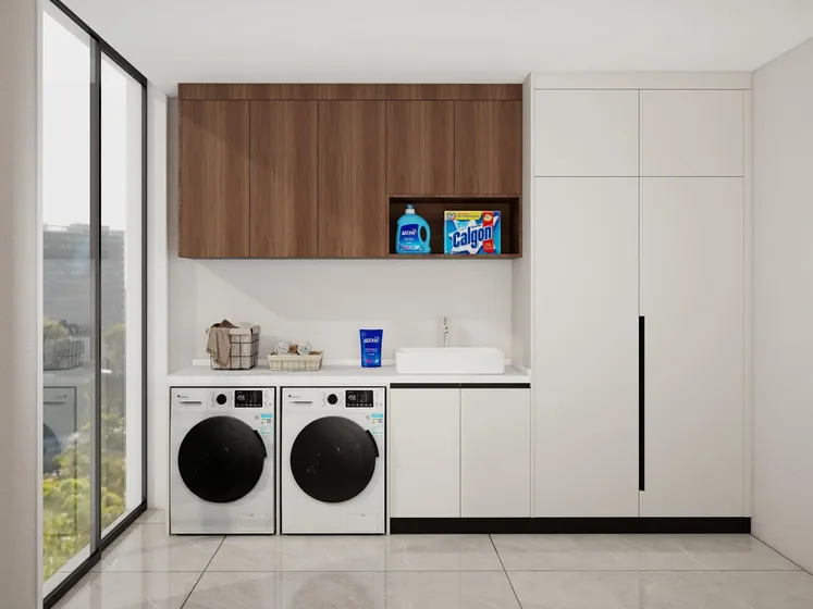 Laundry with open walnut shelf, painted fronts, walnut open unit (LD-06)