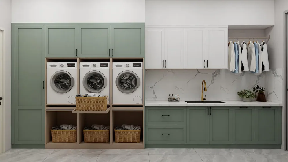 Multi-machine laundry in sage, painted fronts, three-machine bank (LD-17)