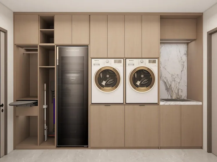 Utility wall with integrated fridge, veneered fronts, appliance housings (LD-18)