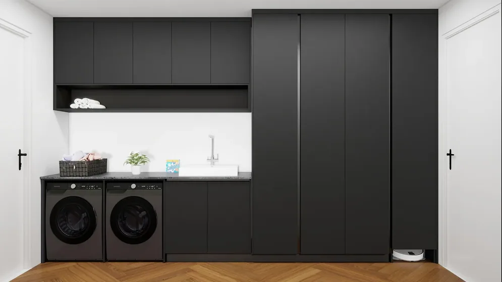 Matt black laundry, matt lacquer fronts, stone top (LD-20)