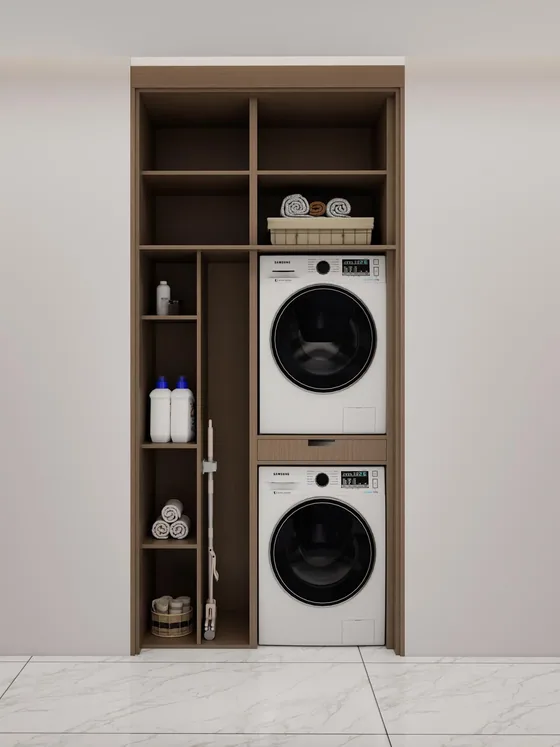 Oak niche with stacked tower, veneered niche, open shelving (LD-07)