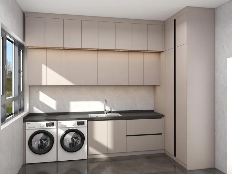 Benched run with dark worktop, painted fronts, undercounter machines (LD-05)
