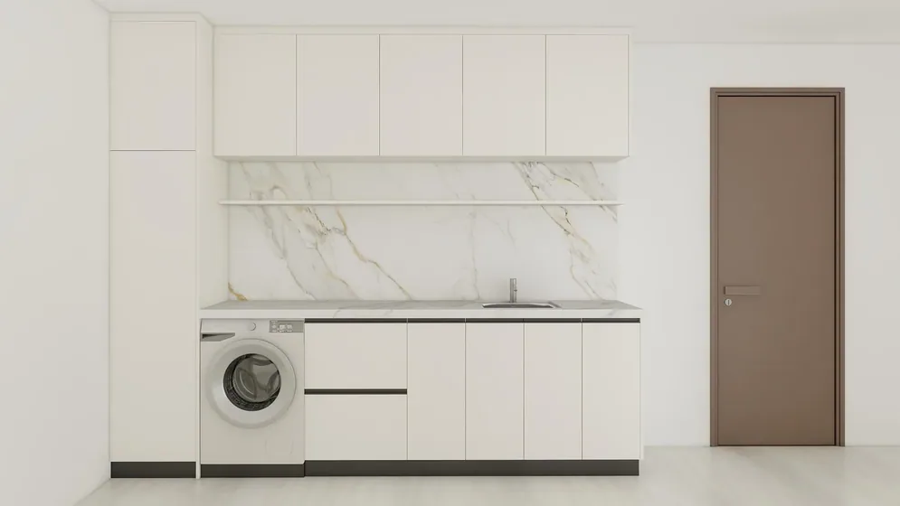Minimal run with marble splashback, handleless fronts, marble panel (LD-10)