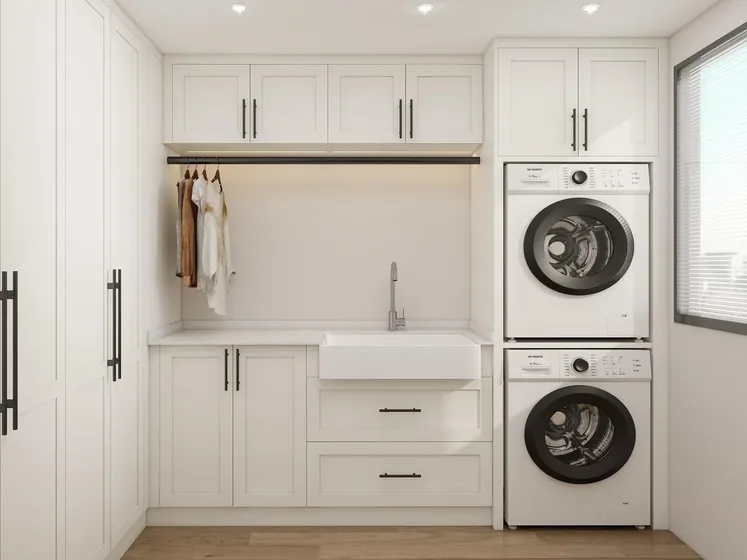 Shaker laundry with farmhouse sink, painted shaker fronts, apron sink (LD-15)