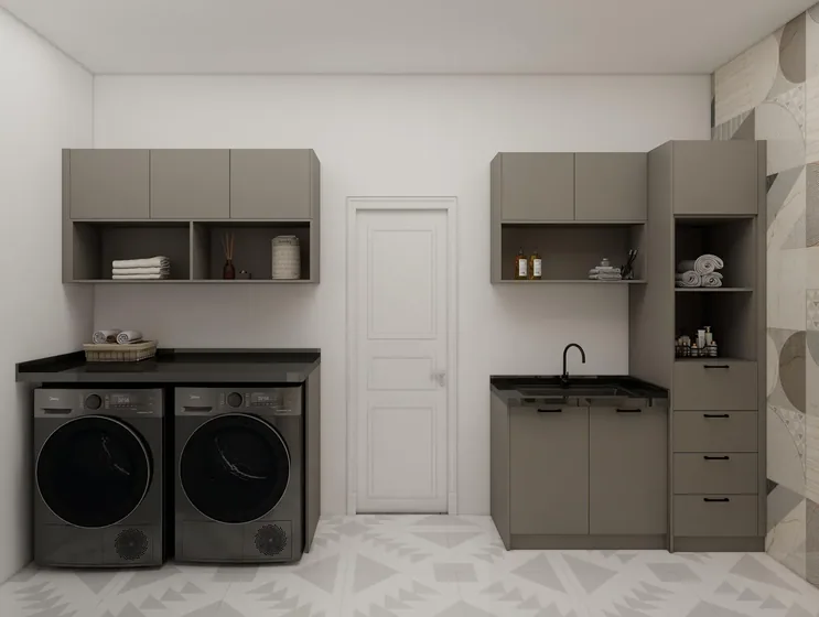 Taupe laundry with black tops, painted fronts, twin machines (LD-16)
