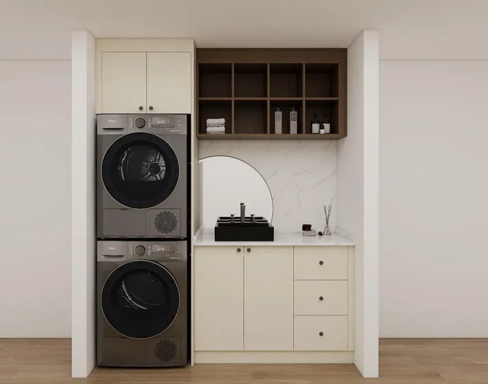 Laundry with oak shelving, painted fronts, arch mirror (LD-13)