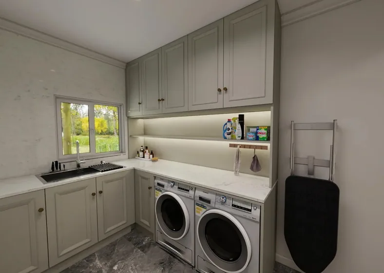 Shaker corner laundry, painted shaker fronts, stone top (LD-12)