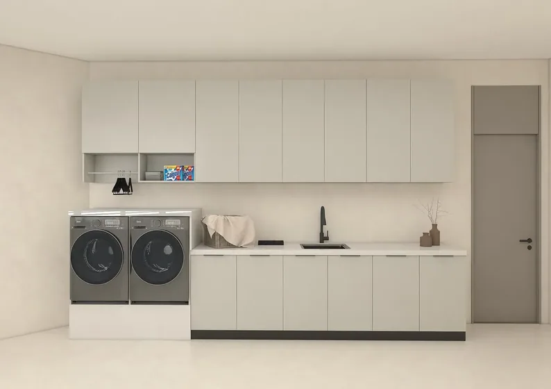 Long run with island bench, handleless fronts, integrated sink (LD-14)