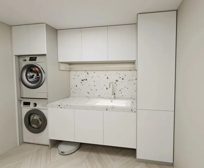Appliance tower with folding bench, painted fronts, terrazzo splashback (LD-04)