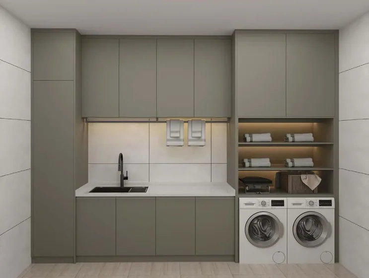 Laundry in sage with open shelving, painted fronts, open display (LD-11)
