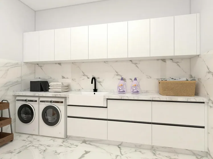 White laundry with drawer bank, handleless fronts, marble splashback (LD-19)