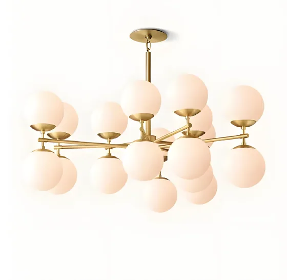 Twelve-globe opal chandelier, brass arms, opal glass (CH-04)