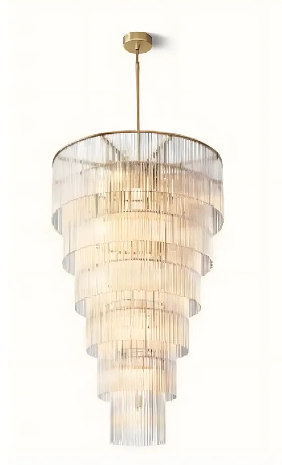 Six-tier cascading crystal chandelier, brass, fluted crystal (CH-06)