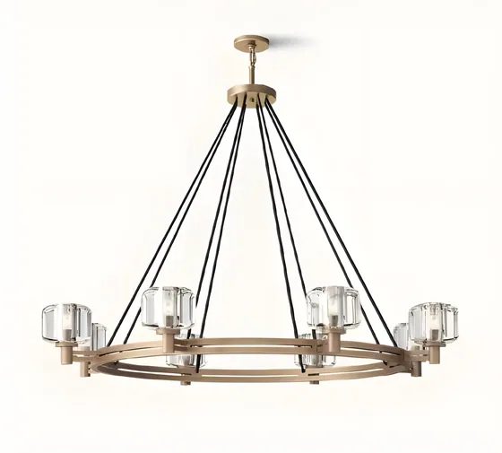 Steel and crystal ring chandelier, blackened steel, crystal, brass (CH-07)