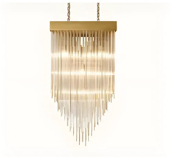 Square crystal cascade chandelier, brass, fluted crystal (CH-12)