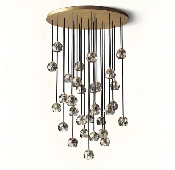 Dense crystal droplet chandelier, brass canopy, crystal droplets (CH-13)