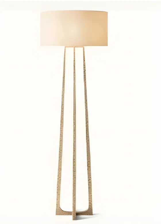Three-leg floor lamp, drum shade, brass, linen (FL-05)