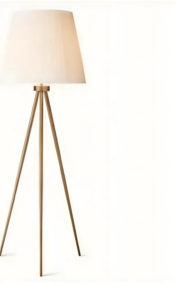 Tripod floor lamp, tapered shade, brass, linen (FL-07)