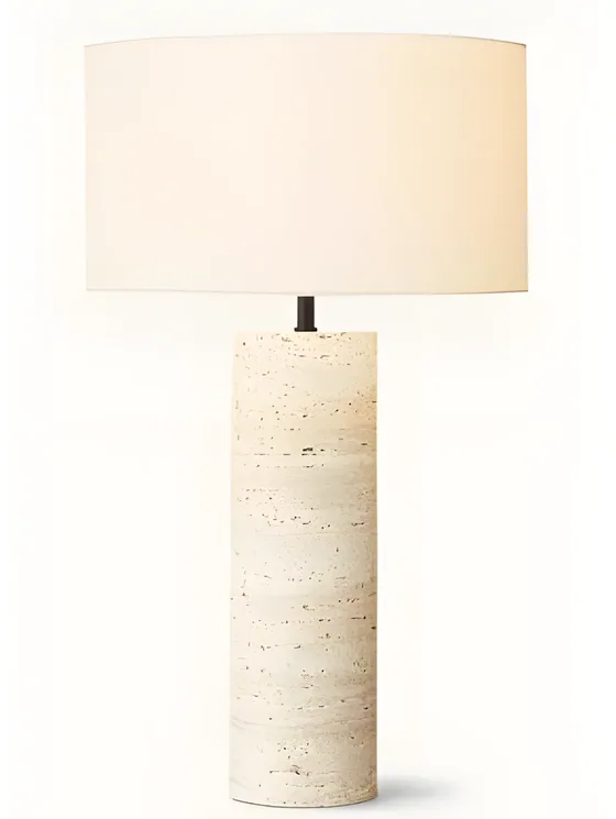 Travertine column table lamp, travertine, linen shade (TL-02)