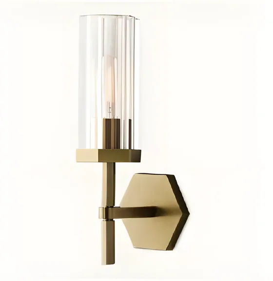 Hexagonal backplate sconce, brass, fluted glass (WL-03)