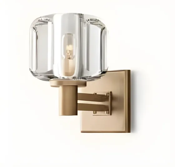 Ribbed glass box sconce, brass, ribbed glass (WL-07)
