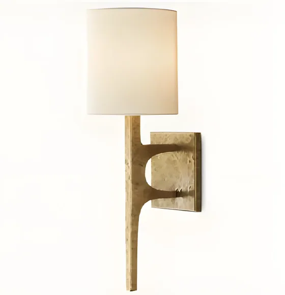 Shaded sconce, cast arm, cast brass, linen shade (WL-10)