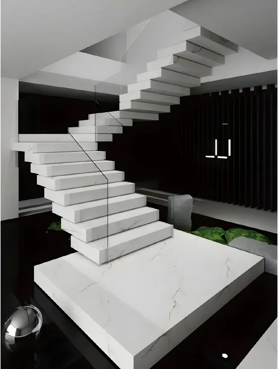 Cantilevered stone flight, solid stone treads, frameless glass balustrade (ST-02)